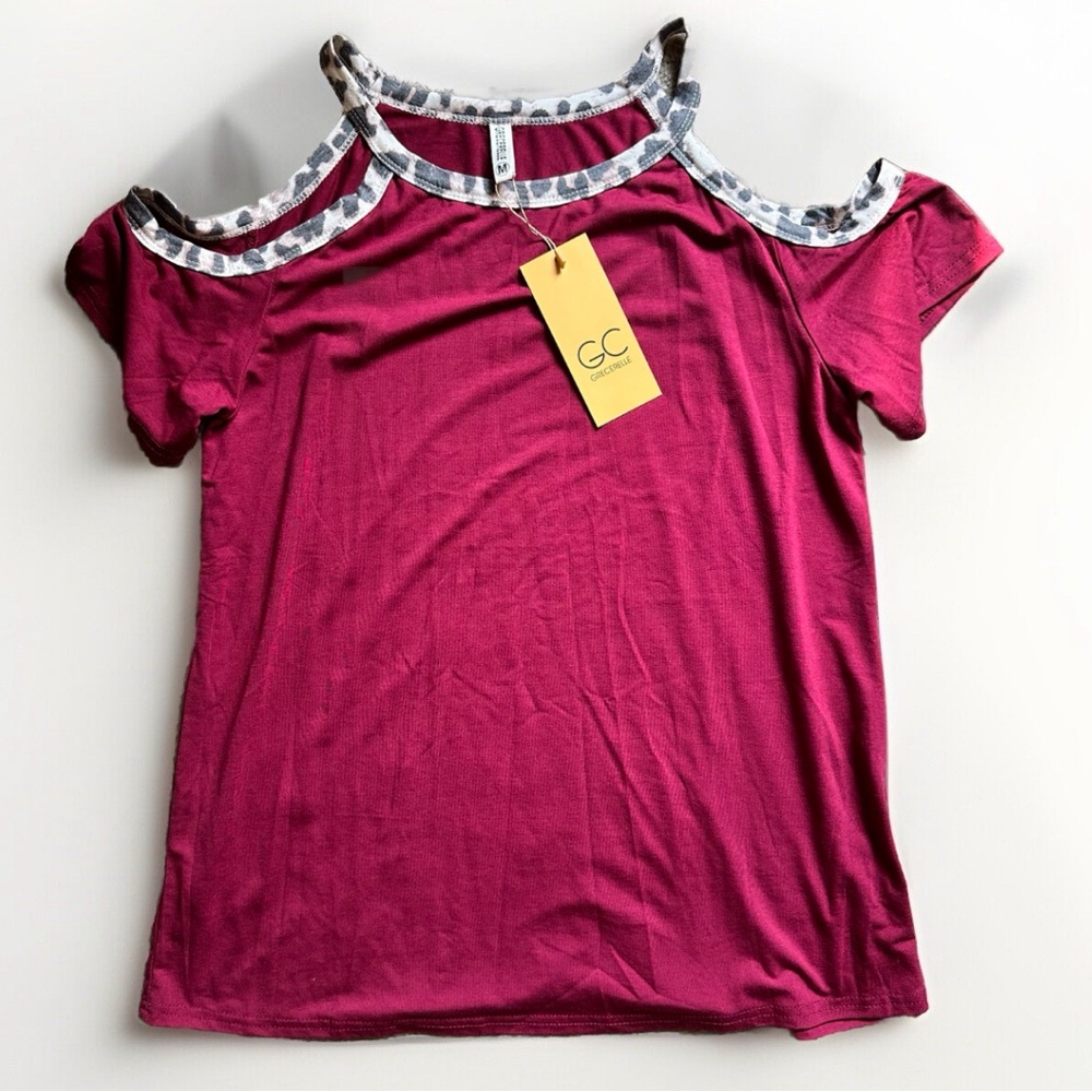 GRECERELLE GC Womens Short Cold Shoulder Sleeve Maroon Leopard Print Top Medium